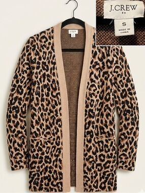 J.Crew Tan Beige Brown Leopard Cheetah Print Open-Front Cardigan Pattern Sweater